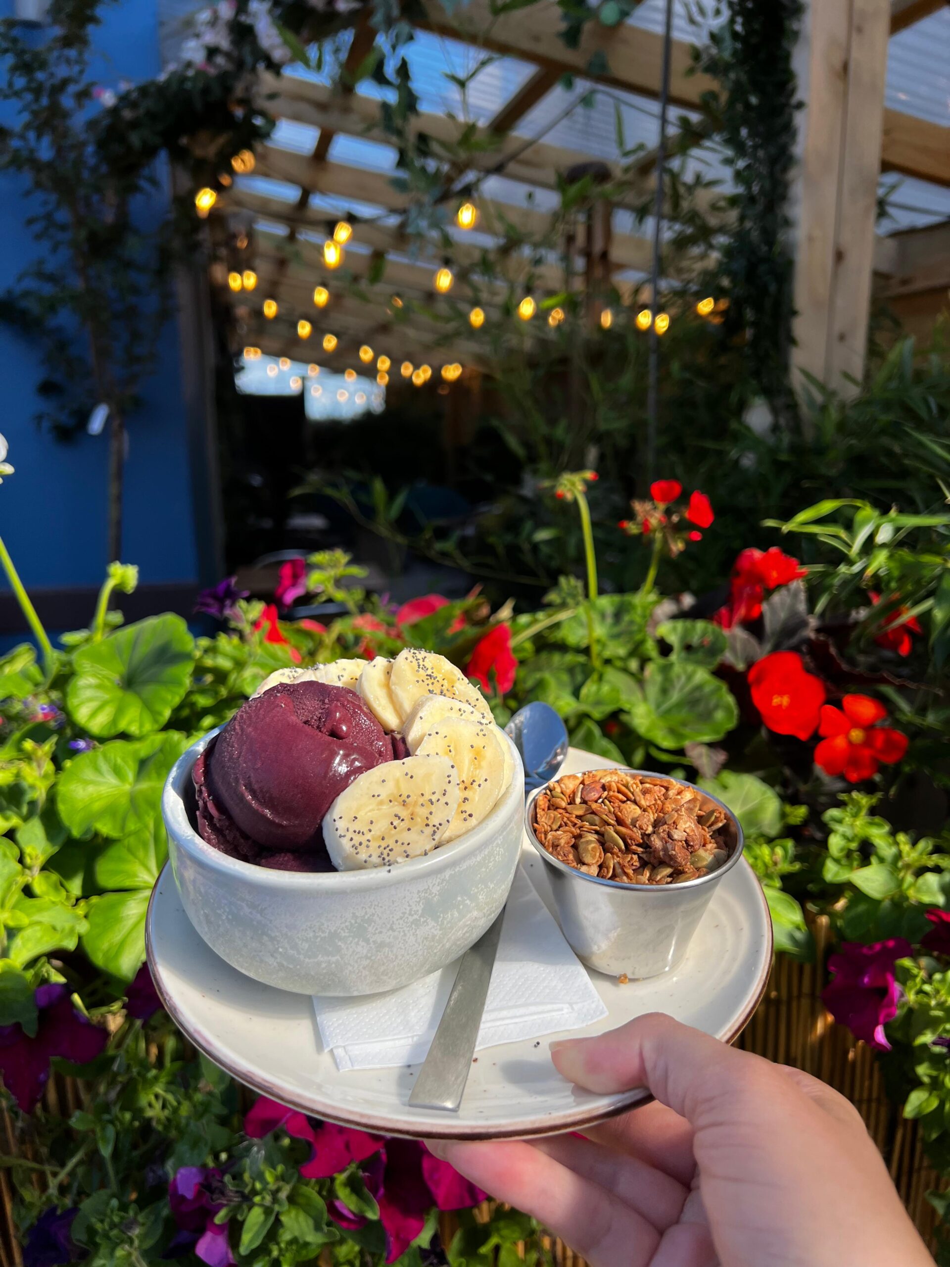 Tigela de açaí natural com frutas picadas, opção de superalimento